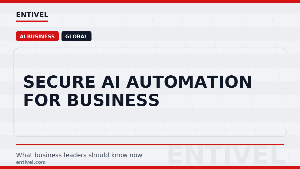 Entivel visual summary for Secure AI Automation for Business, created for global business and technology leaders.