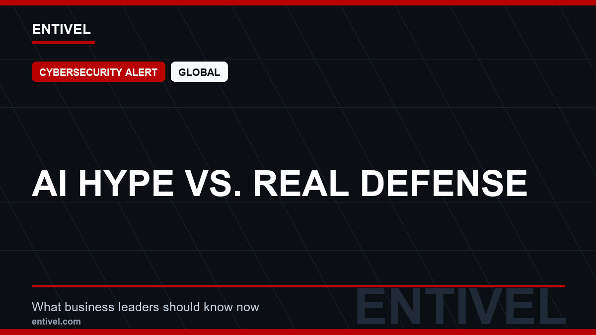ENTIVEL news thumbnail: AI Hype vs. Real Defense, focused on what global business and technology leaders should understand about modern news typography for cybersecurity alert.