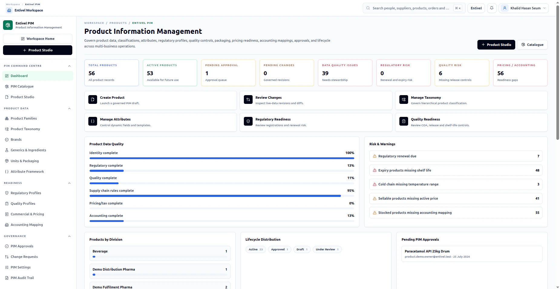 Entivel product intelligence interface showing product search and governed attributes