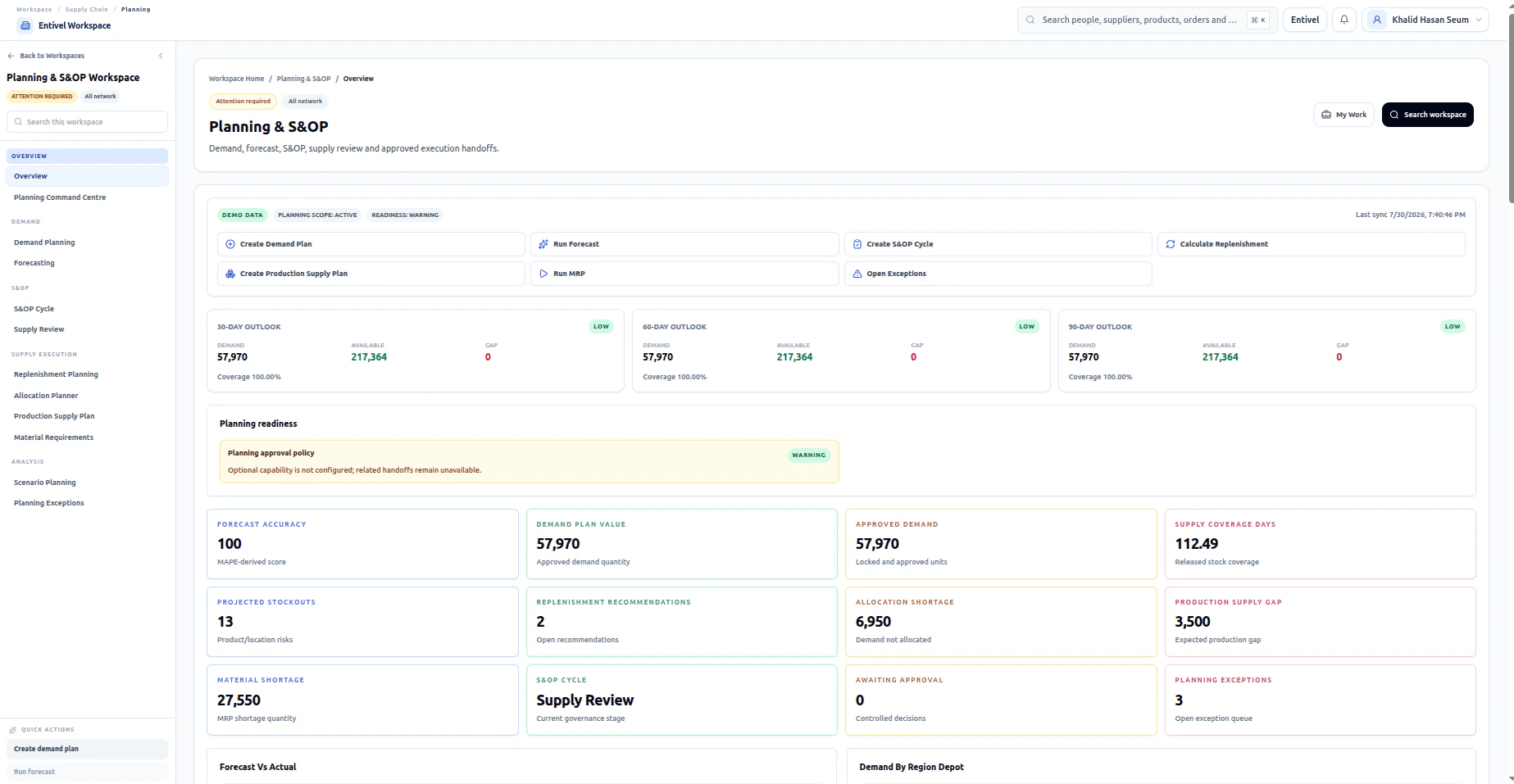Entivel Planning and S&OP interface showing demand, supply and scenario planning