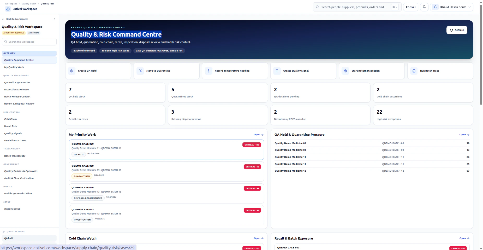Entivel Quality and Compliance interface showing risk, controls and quality actions