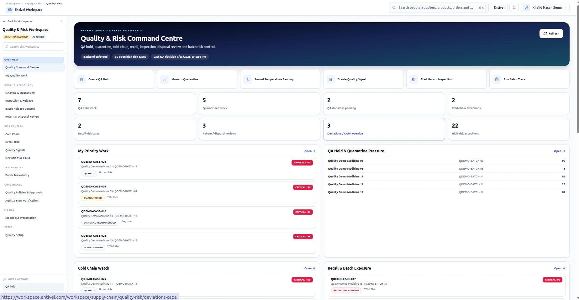 Entivel quality-control interface showing inspections, holds and release decisions
