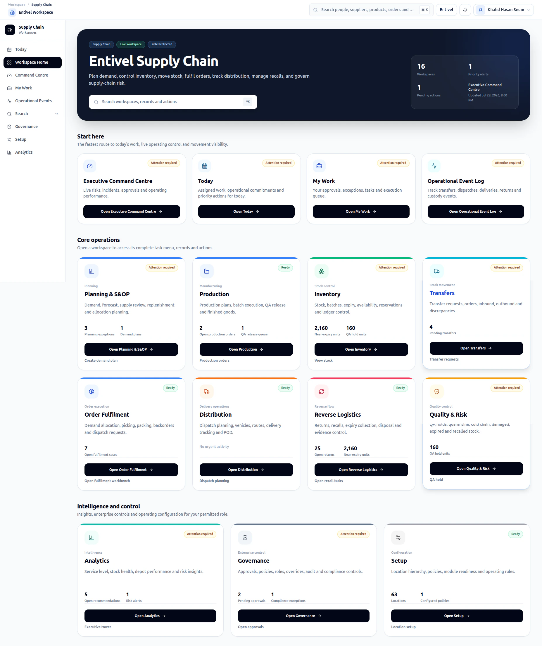 Entivel supply-chain planning workspace connecting demand with network execution