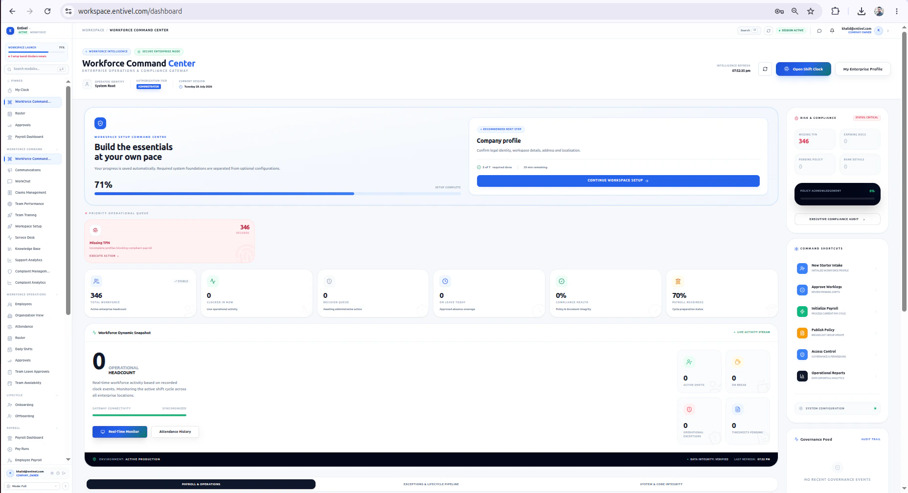 Entivel Workforce interface showing people operations, employee records and workforce actions