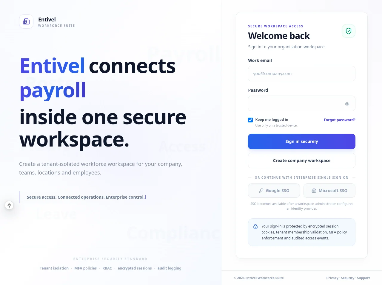 Entivel Workforce secure tenant access interface with enterprise sign-in controls